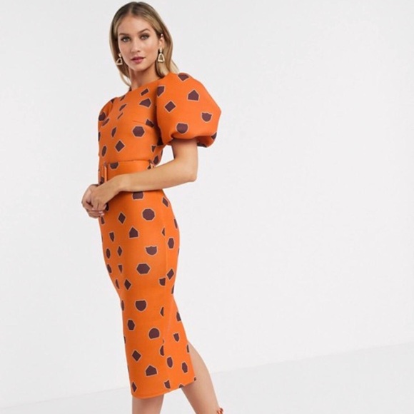 puff sleeve geometric print belted midi dress - Picture 4 of 5